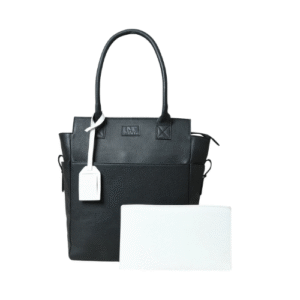 Elegant Black Leather Tote Bag with White Pouch – Versatile Work & Casual Carry