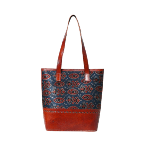 Artisan Leather Tote Bag – Handcrafted Brown & Indigo Pattern
