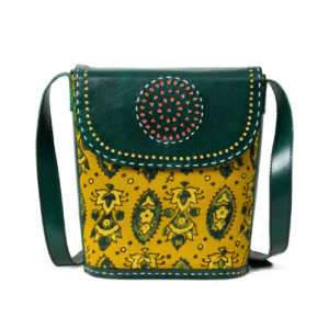 Handcrafted Green & Mustard Leather Sling Bag – Ethnic Pattern Crossbody